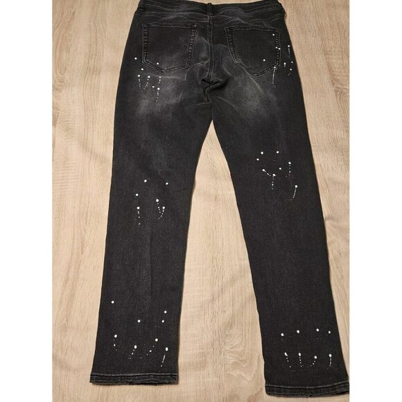 Forever 21 Black Denim Jeans Slim Fit Distressed Paint Splatter Size 33 Womens - Picture 2 of 7
